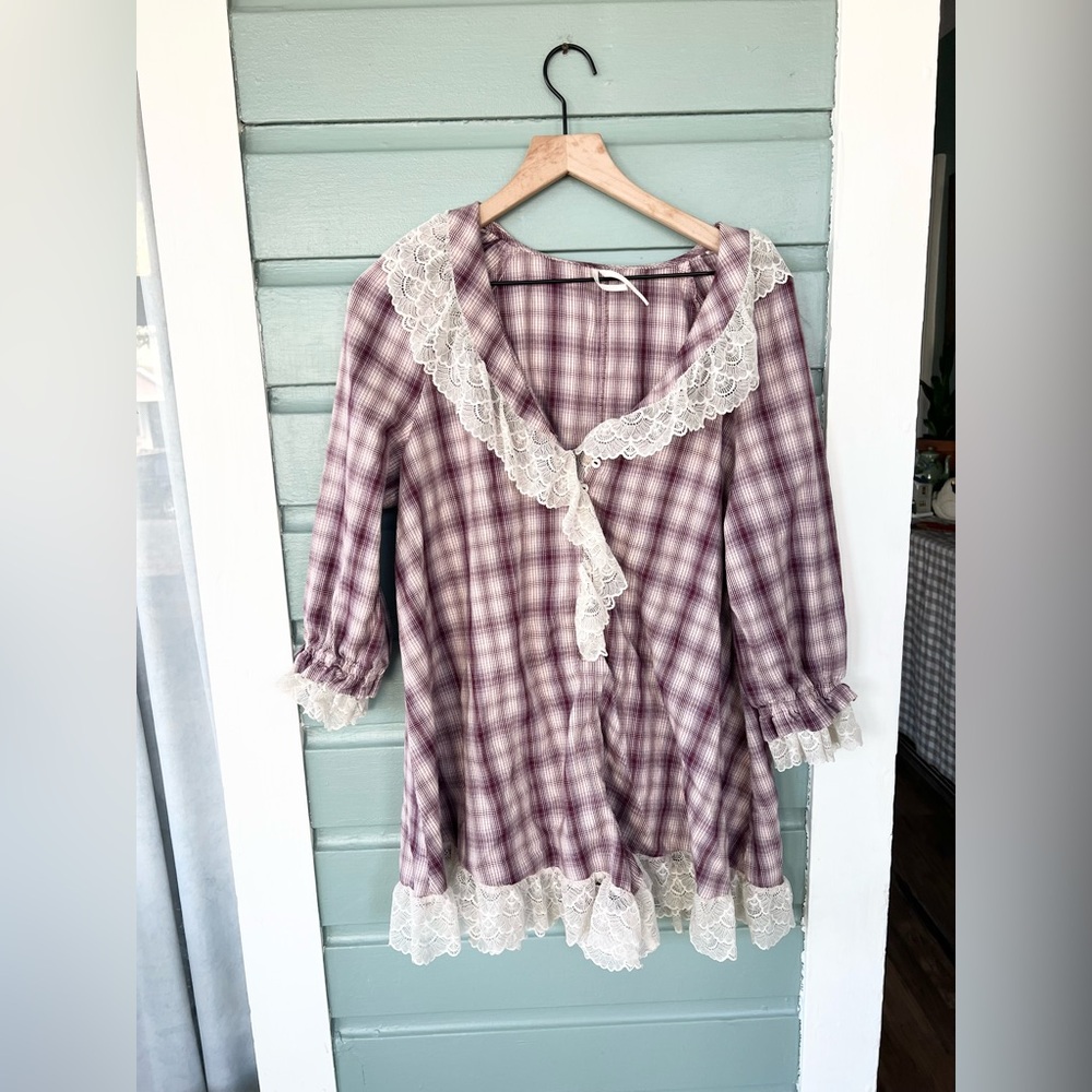 Anthropologie flannel pajama romper Victorian cozy purple plaid 100% cotton fall - Picture 3 of 9